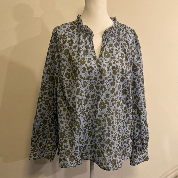 Talbots blue with green floral print cotton blouse with long sleeves size Large - Picture 2 of 11